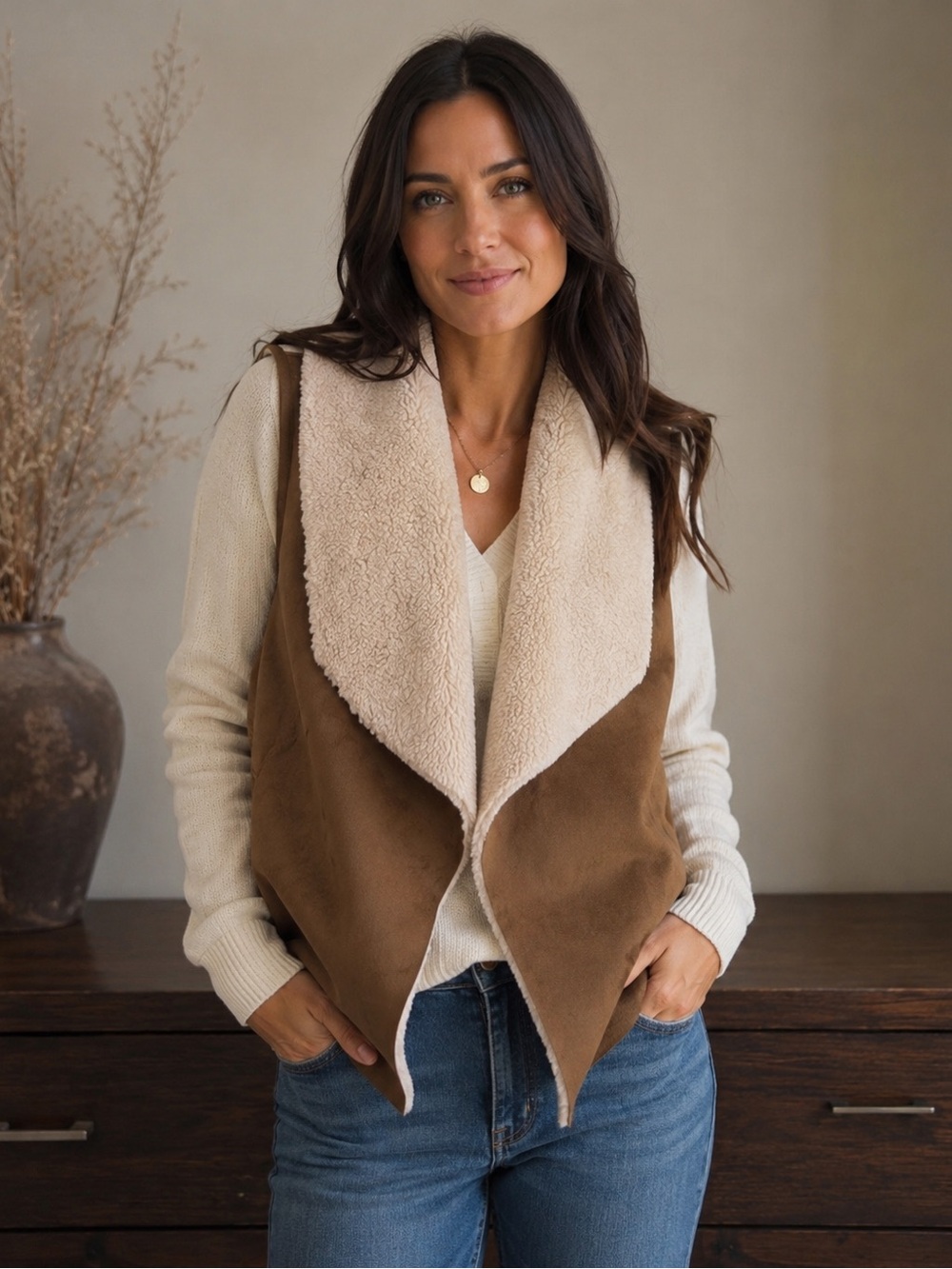 Lauren Ralph Lauren Shearling Faux Suede Vest Brown Tan Sherpa NWT size LP